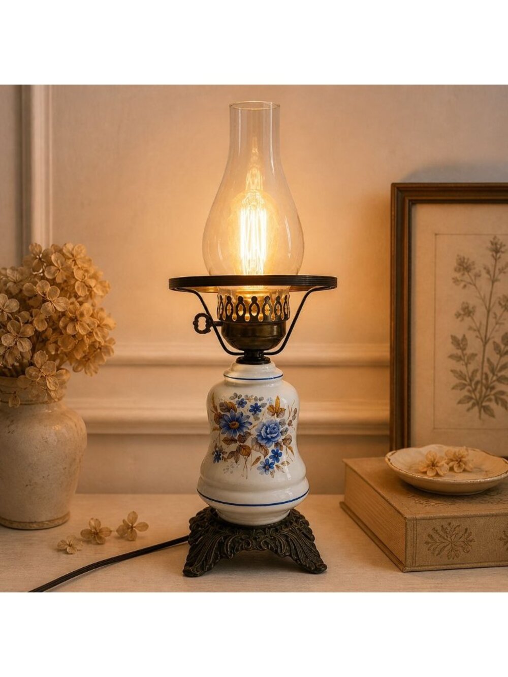 Hurricane Lamp Milk Glass Floral Brass Electric VTG Table Cottagecore Lighting